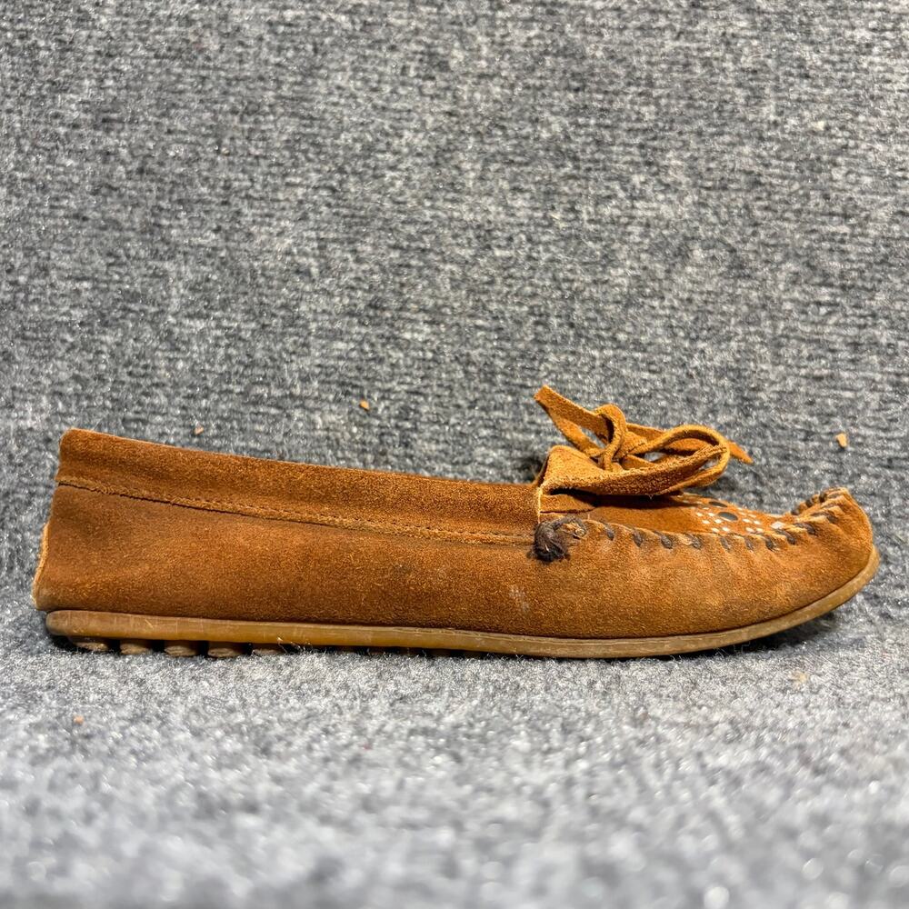 Minnetonka Suede Fringe Moccasin Studded Bow Brown Tlats Shoes Womens 8.5 - Picture 2 of 8